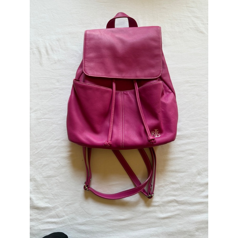 Lauren Ralph Lauren Leather Backpack Magenta Pink Silver Hardware RLL Logo Bag